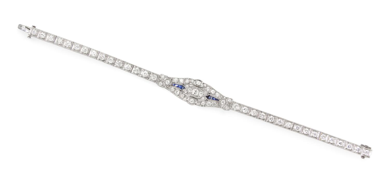 An Art Deco Platinum, Diamond and Synthetic Sapphire Bracelet, 11.60 dwts.