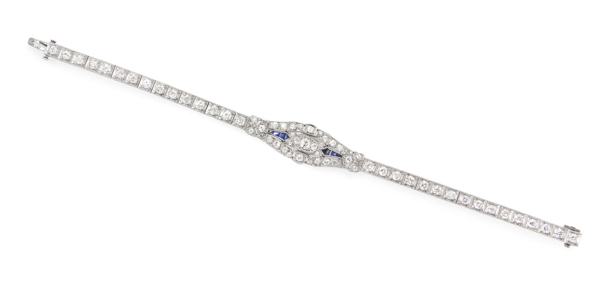 An Art Deco Platinum, Diamond and Synthetic Sapphire Bracelet, 11.60 dwts.