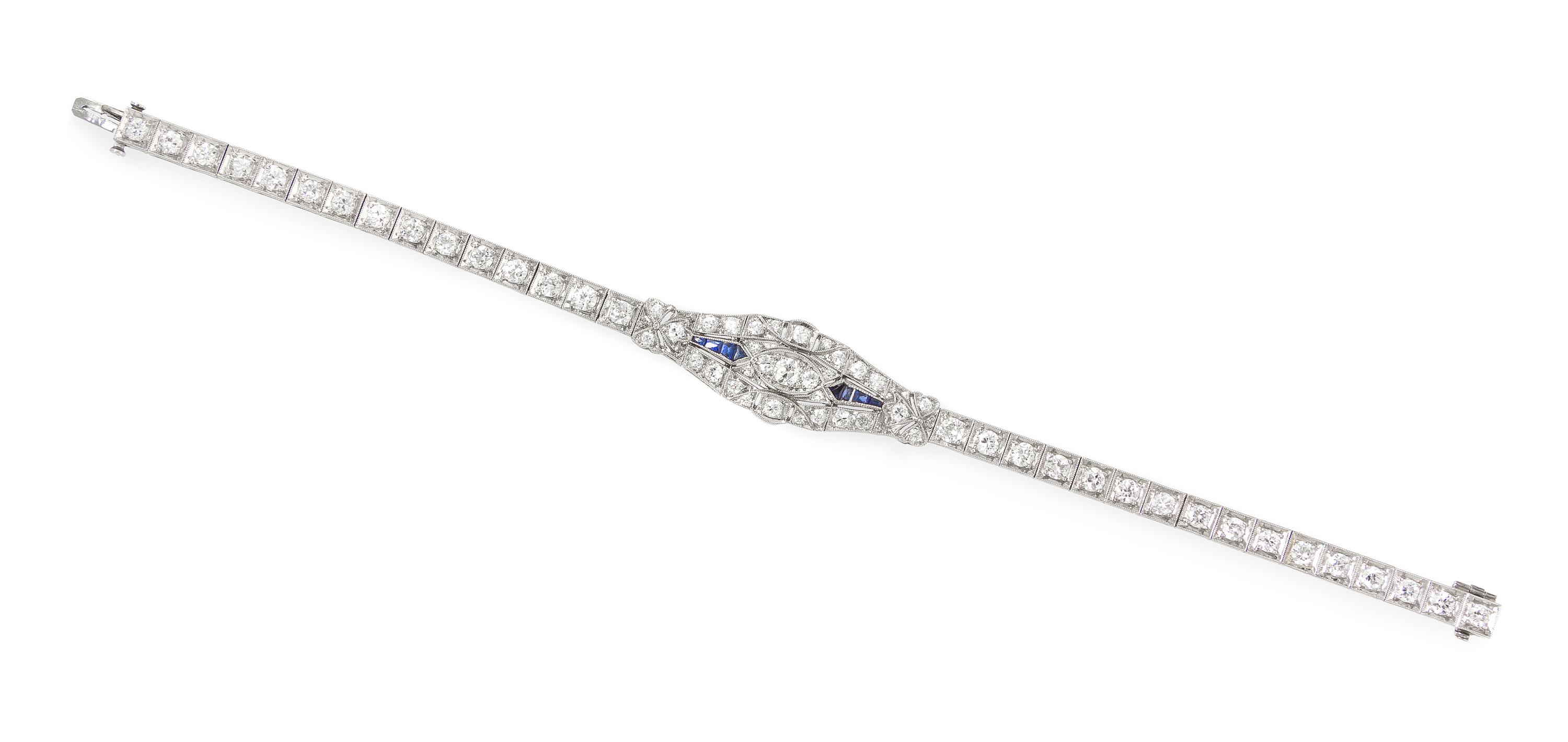 An Art Deco Platinum, Diamond and Synthetic Sapphire Bracelet, 11.60 dwts.