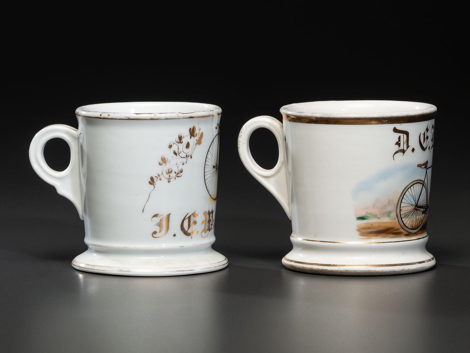 Two Cyclist's Porcelain Shaving Mugs