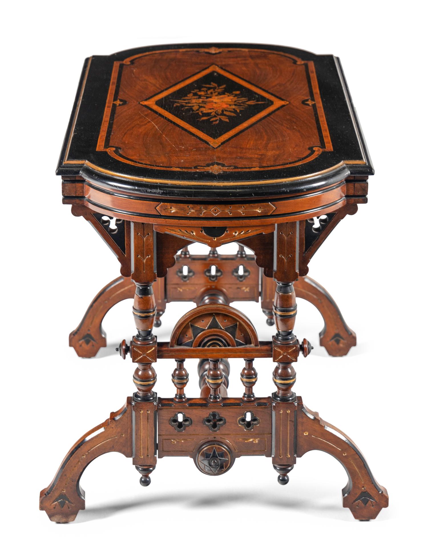 An Aesthetic Movement Part-Ebonized Walnut and Marquetry Side Table