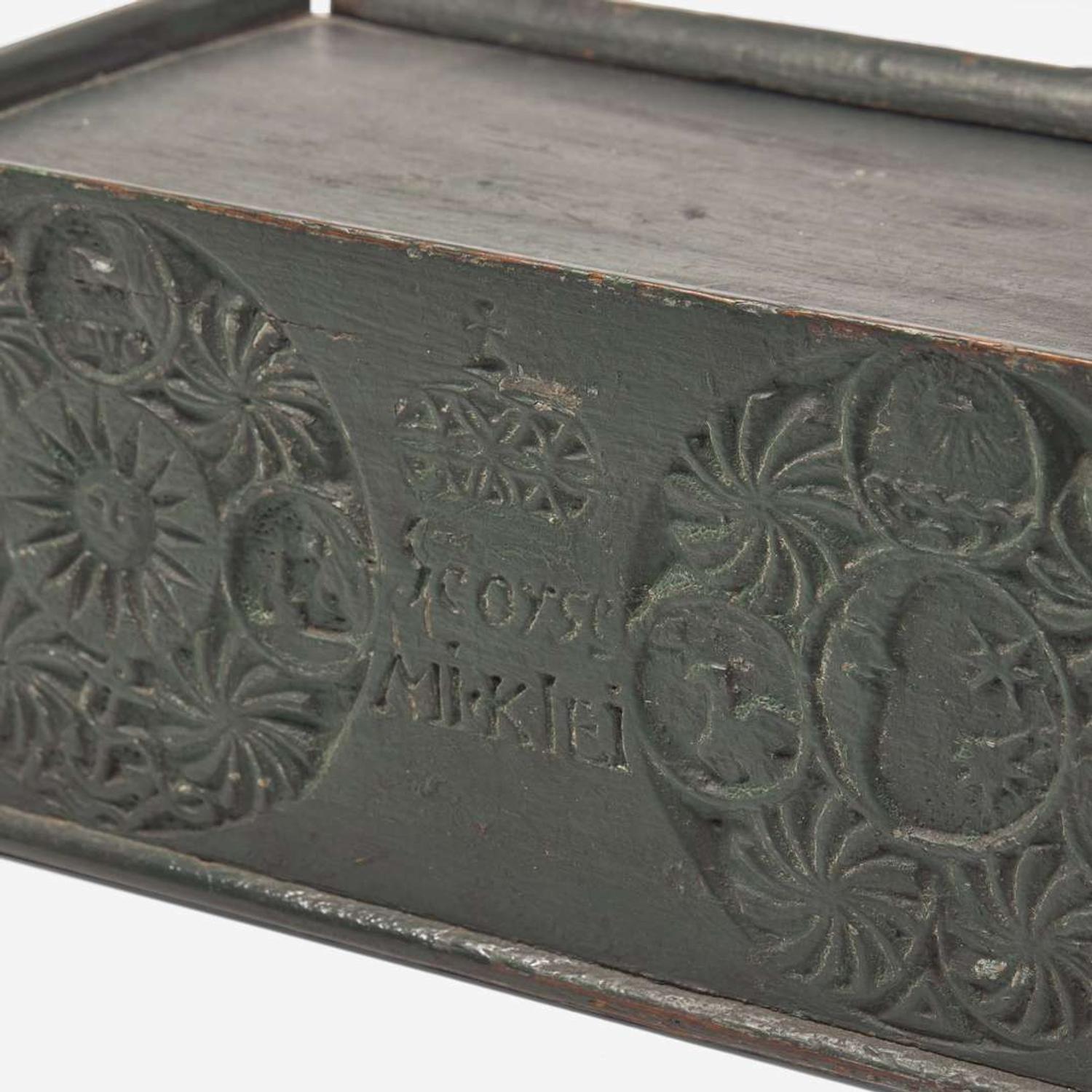 An assorted collection of nine carved and paint-decorated boxes and busk; American and Northern European, 18th / 19th century
