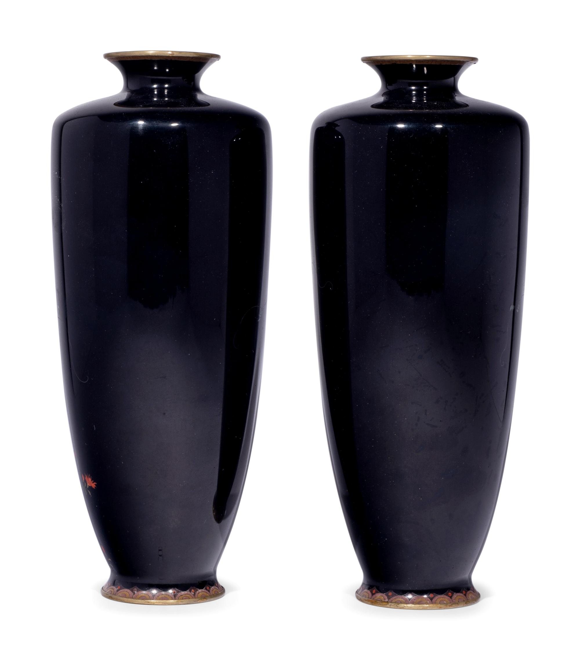 A Pair of Black Ground Cloisonné Vases