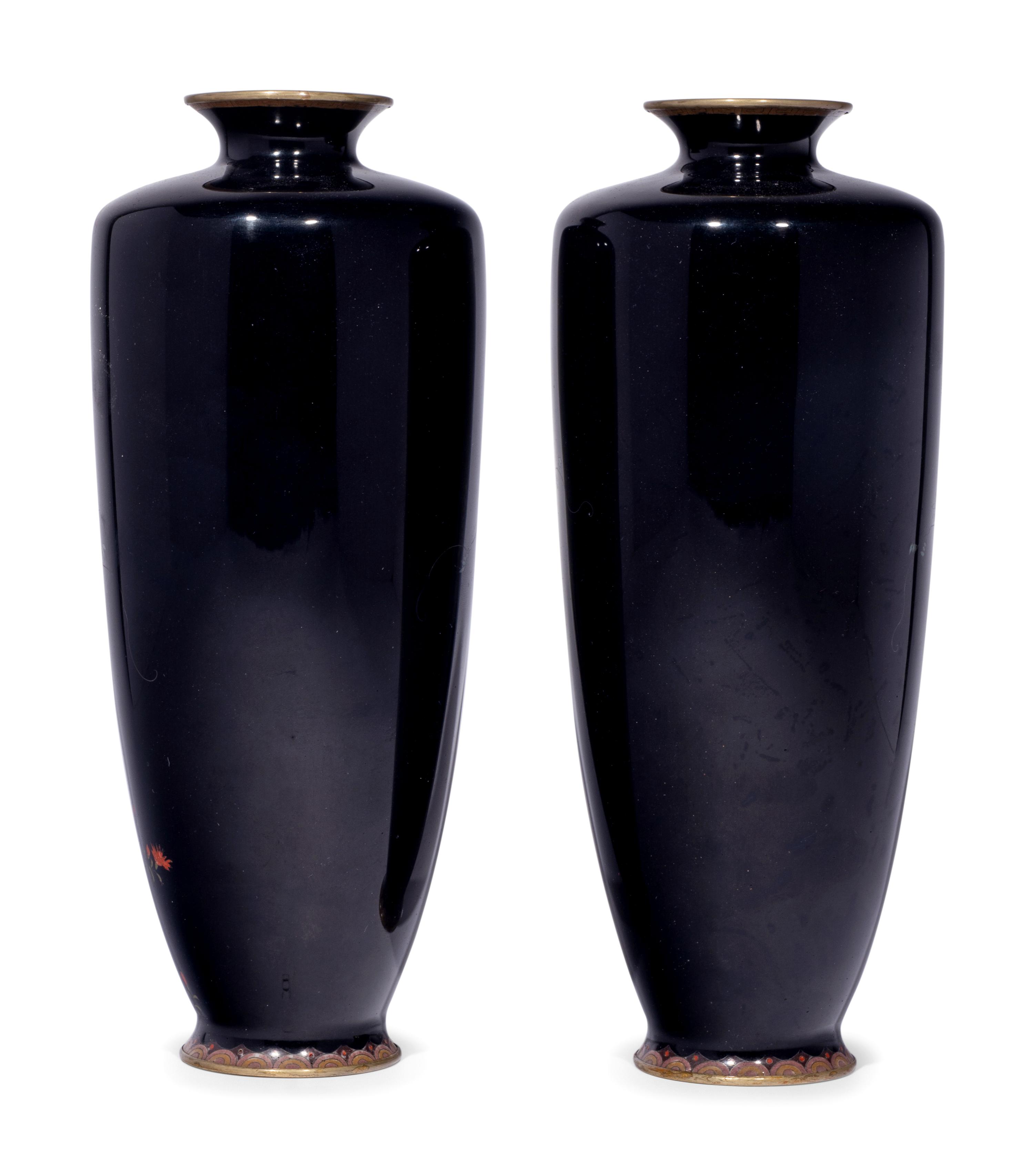 A Pair of Black Ground Cloisonné Vases
