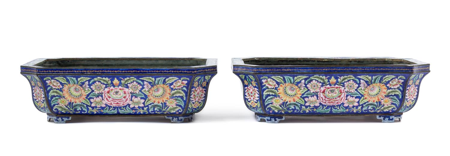 A Pair of Chinese Famille Rose Canton Enamel Jardinieres 18TH/19TH CENTURY Width 10 3/8 x length 7 3/8 x height 3 1/4 inches. — 18TH/19TH CENTURY