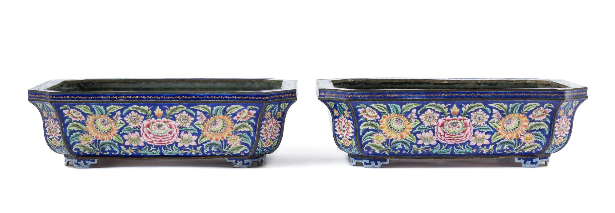 A Pair of Chinese Famille Rose Canton Enamel Jardinieres 18TH/19TH CENTURY Width 10 3/8 x length 7 3/8 x height 3 1/4 inches. — 18TH/19TH CENTURY