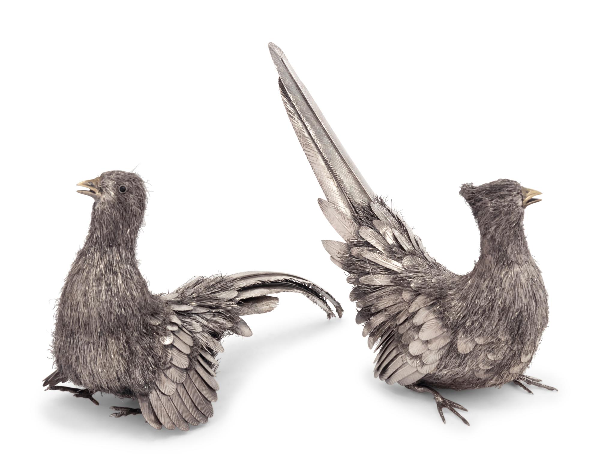 Two Buccellati Silver Furry Pheasant Figures