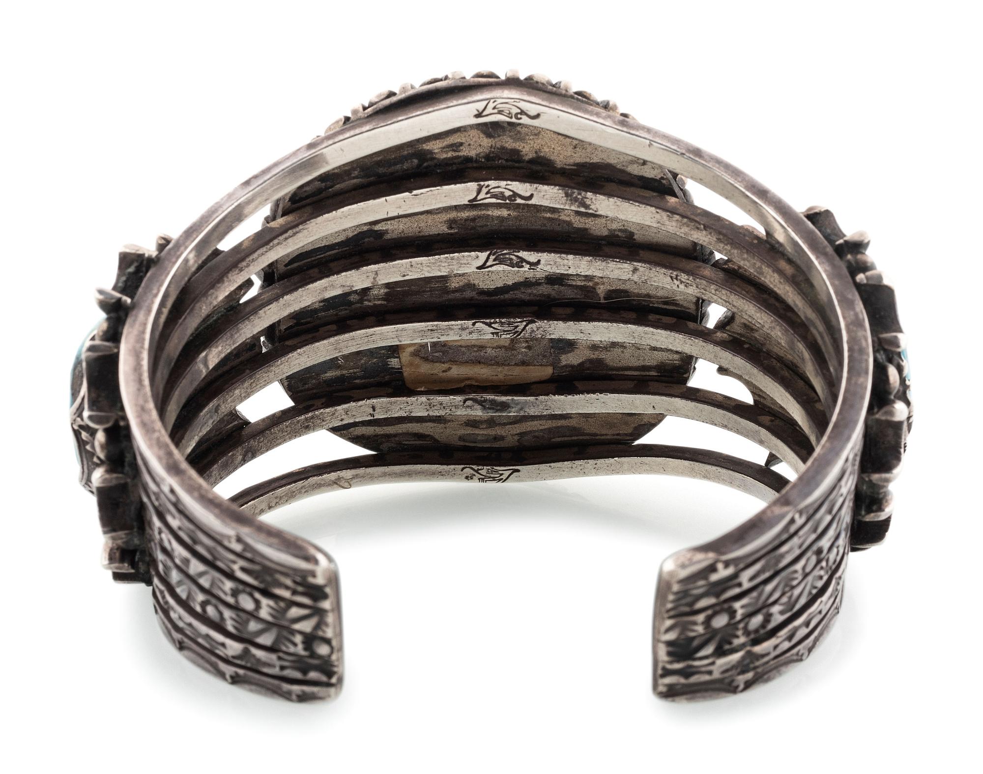 Heavily Stamped Silver and Morenci Turquoise Cuff Bracelet