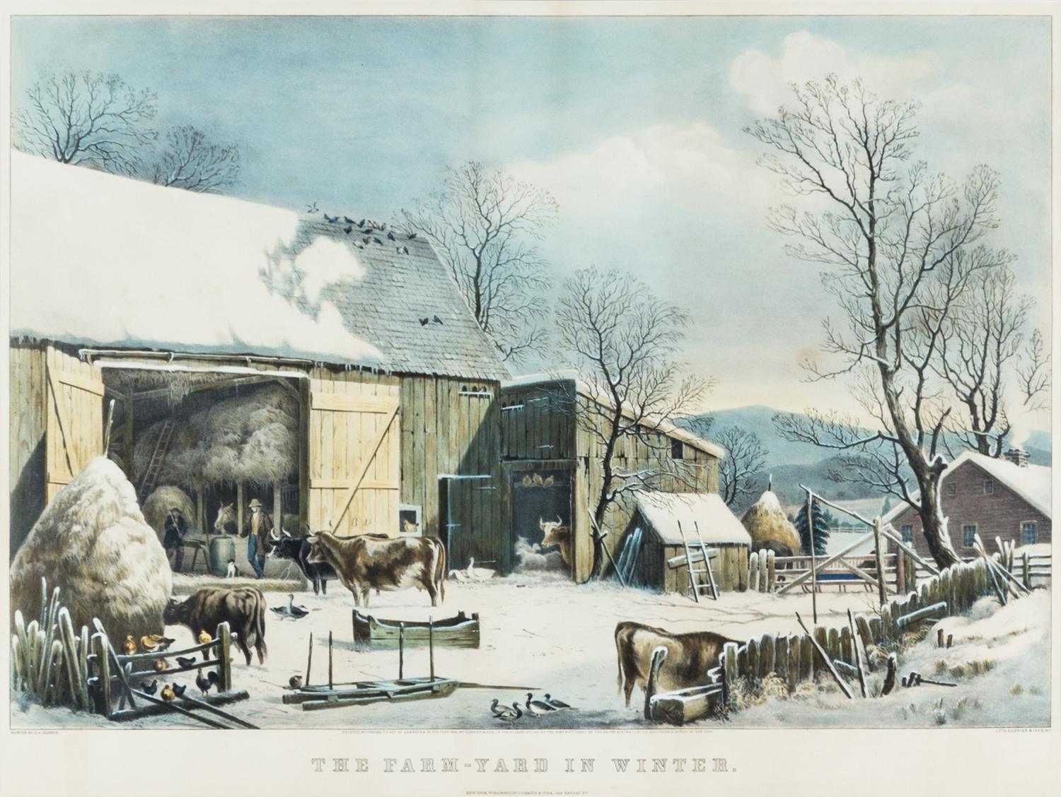 CURRIER & IVES. The Farm-Yard in Winter. New York, 1861. Litho. w/hand-coloring.