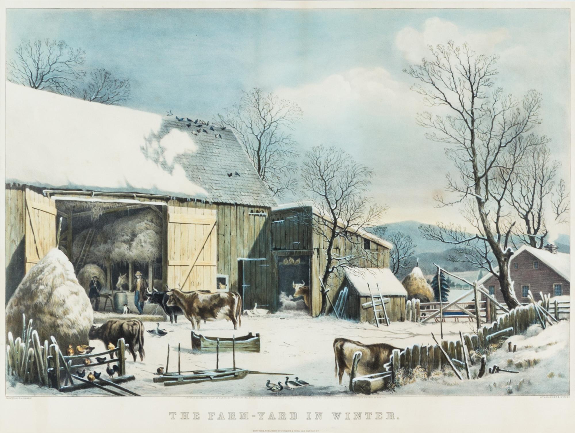 CURRIER & IVES. The Farm-Yard in Winter. New York, 1861. Litho. w/hand-coloring.