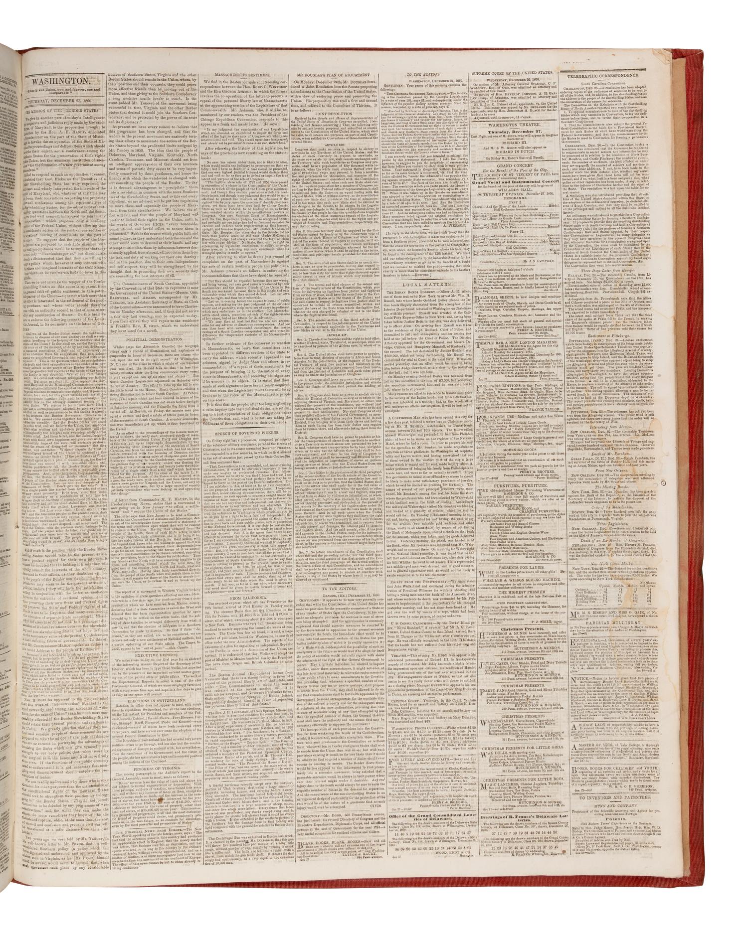 [CIVIL WAR]. The National Intelligencer . Vol. XLVIII, Nos. 14,792-15,098. Washington, DC: 2 January-31 December 1860.