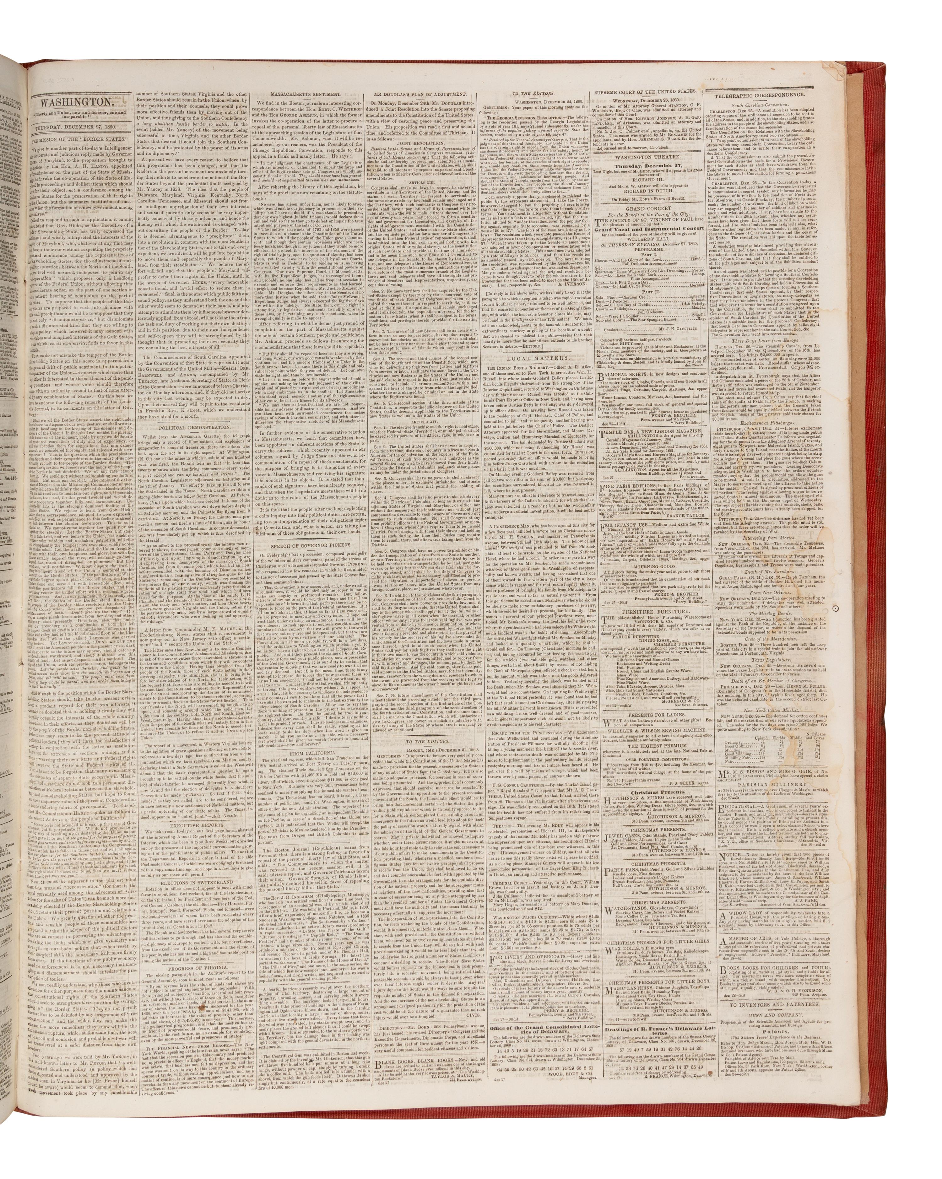 [CIVIL WAR]. The National Intelligencer . Vol. XLVIII, Nos. 14,792-15,098. Washington, DC: 2 January-31 December 1860.