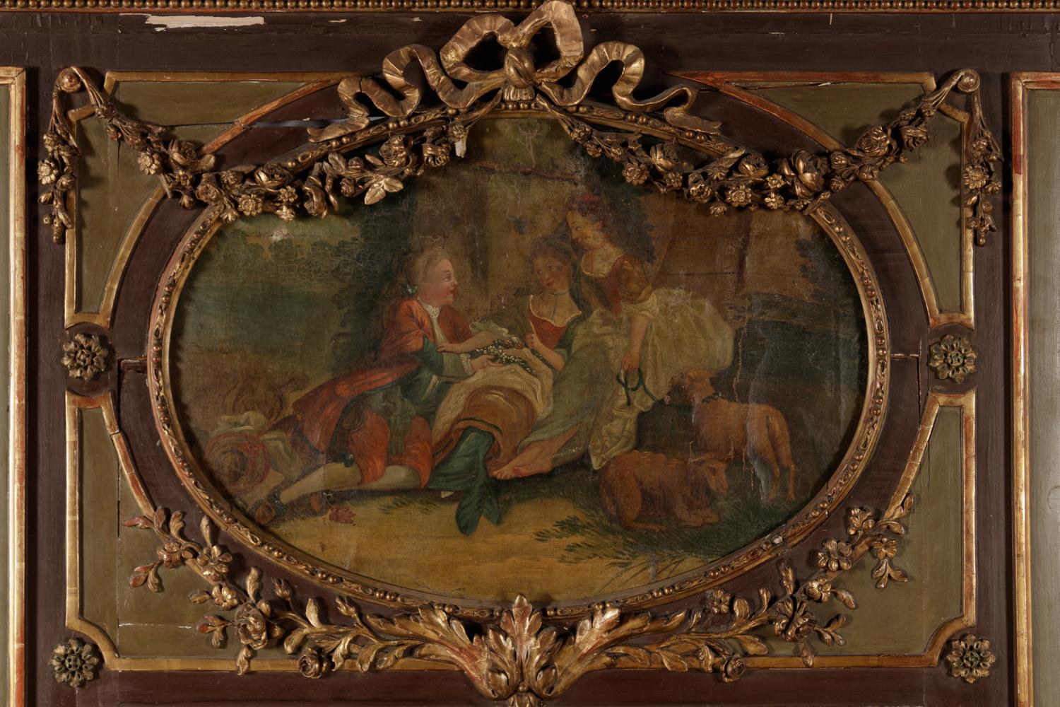 A Louis XVI Style Painted and Parcel Gilt Trumeau Mirror