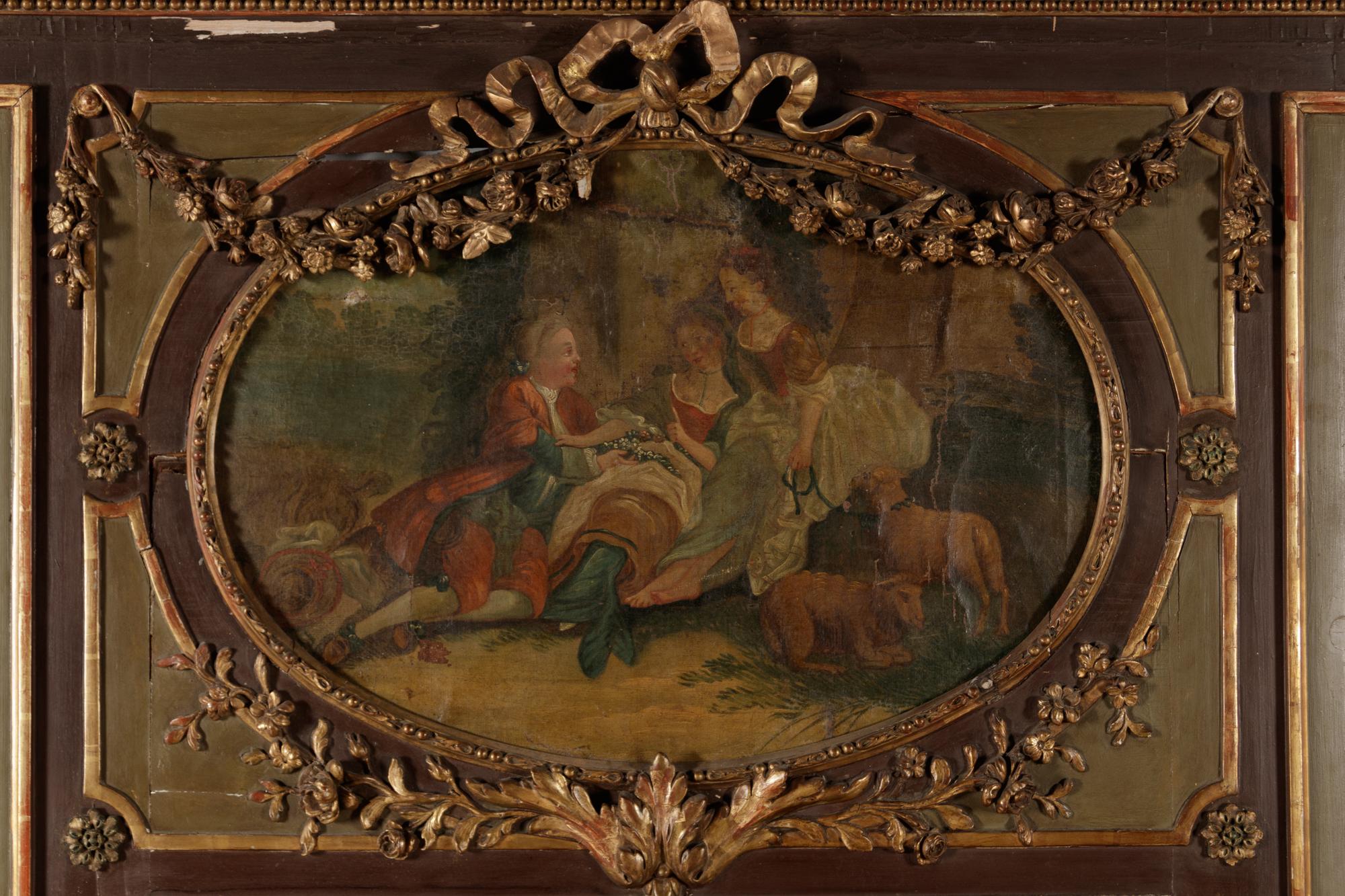 A Louis XVI Style Painted and Parcel Gilt Trumeau Mirror