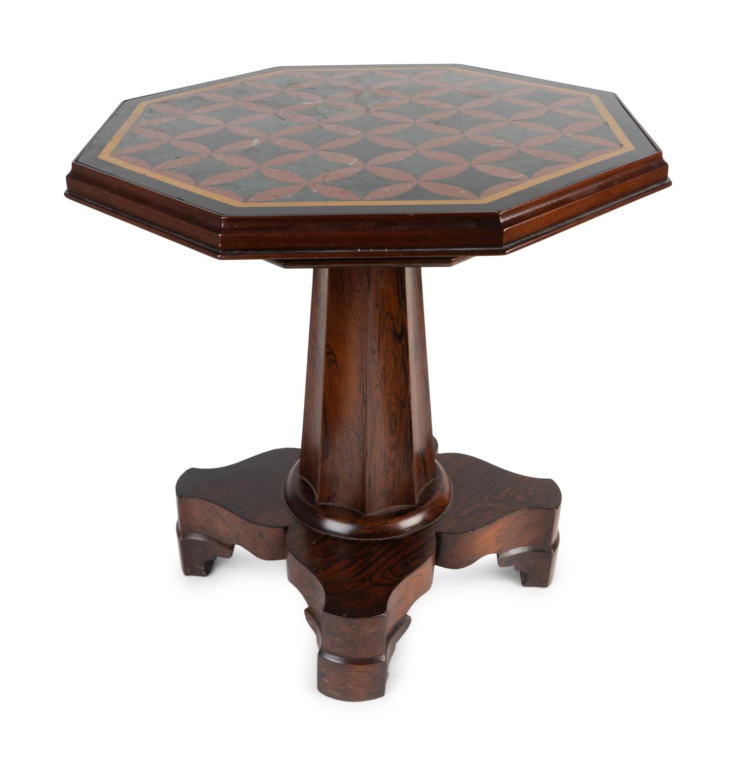 A Regency Faux-Grained Rosewood Adjustable Height Piano Stool Converted to a Table with Inset Marble Top — 19TH CENTURY