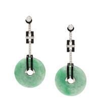 A Pair of 18 Karat White Gold, Jade, Diamond and Onyx Earrings,
