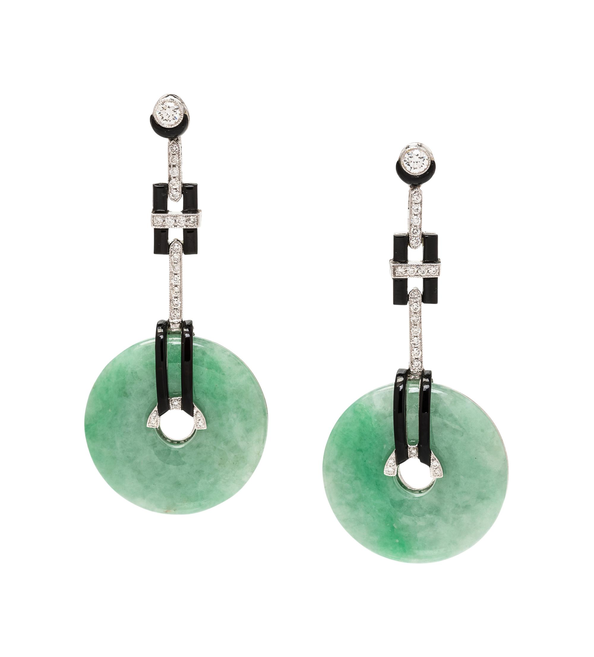 A Pair of 18 Karat White Gold, Jade, Diamond and Onyx Earrings,