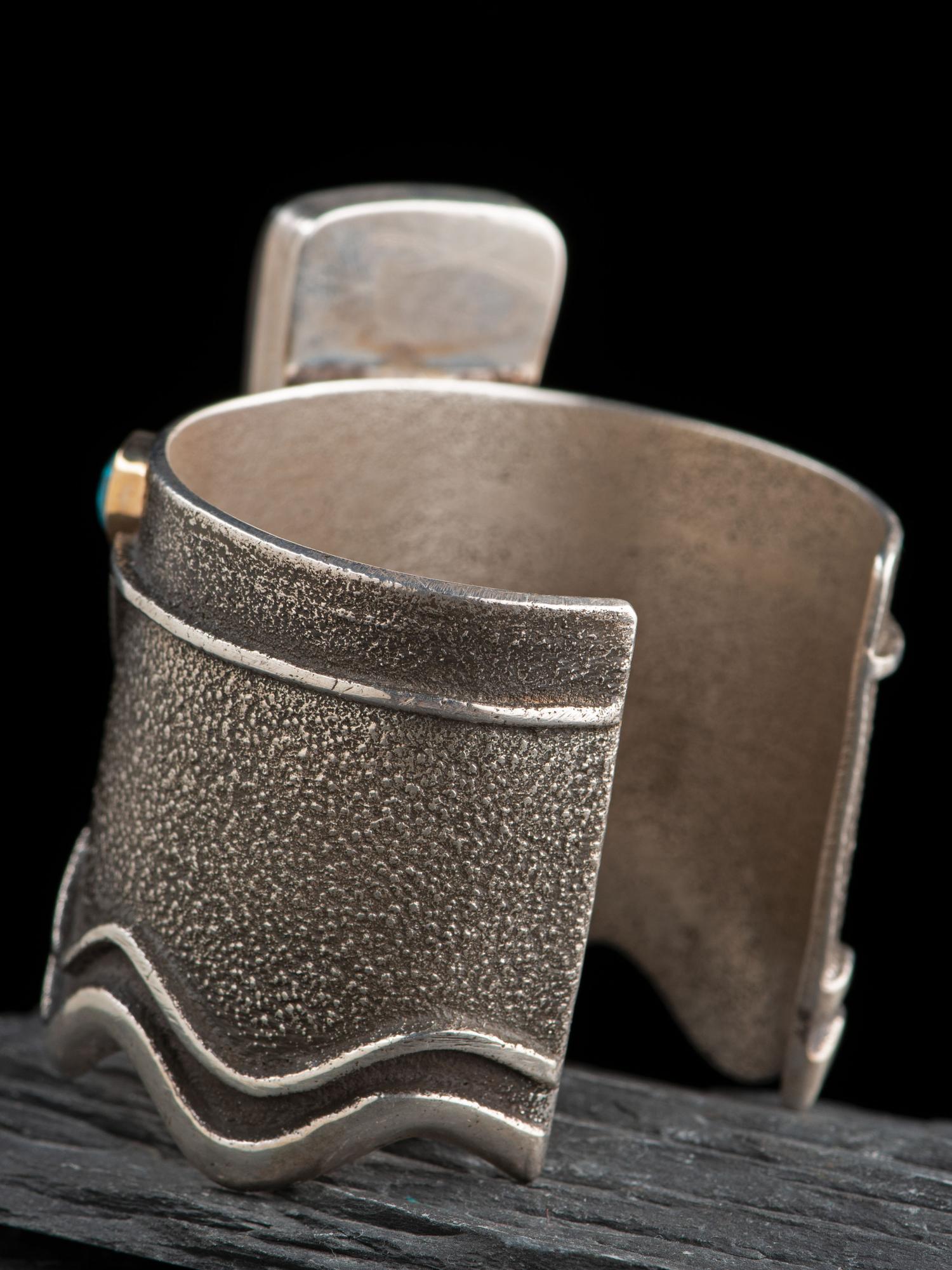 Sterling Silver Tufa Cast Cuff Bracelet, with 14K Gold Accents and Inlay