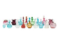 Seventeen Colored and Opal Glass Cruets, Pitchers, Toothpick Holders and Jars