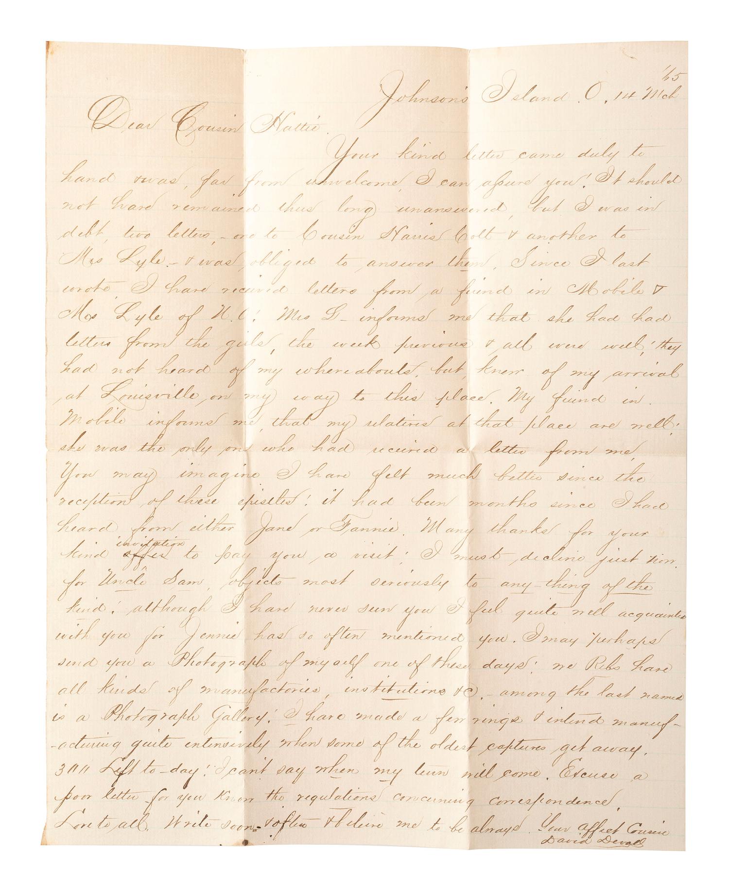 [CIVIL WAR]. DEVALL, David, Confederate captain, 4th Louisiana Infantry. ALS as Prisoner of War. Johnson's Island, 14 March 1865.