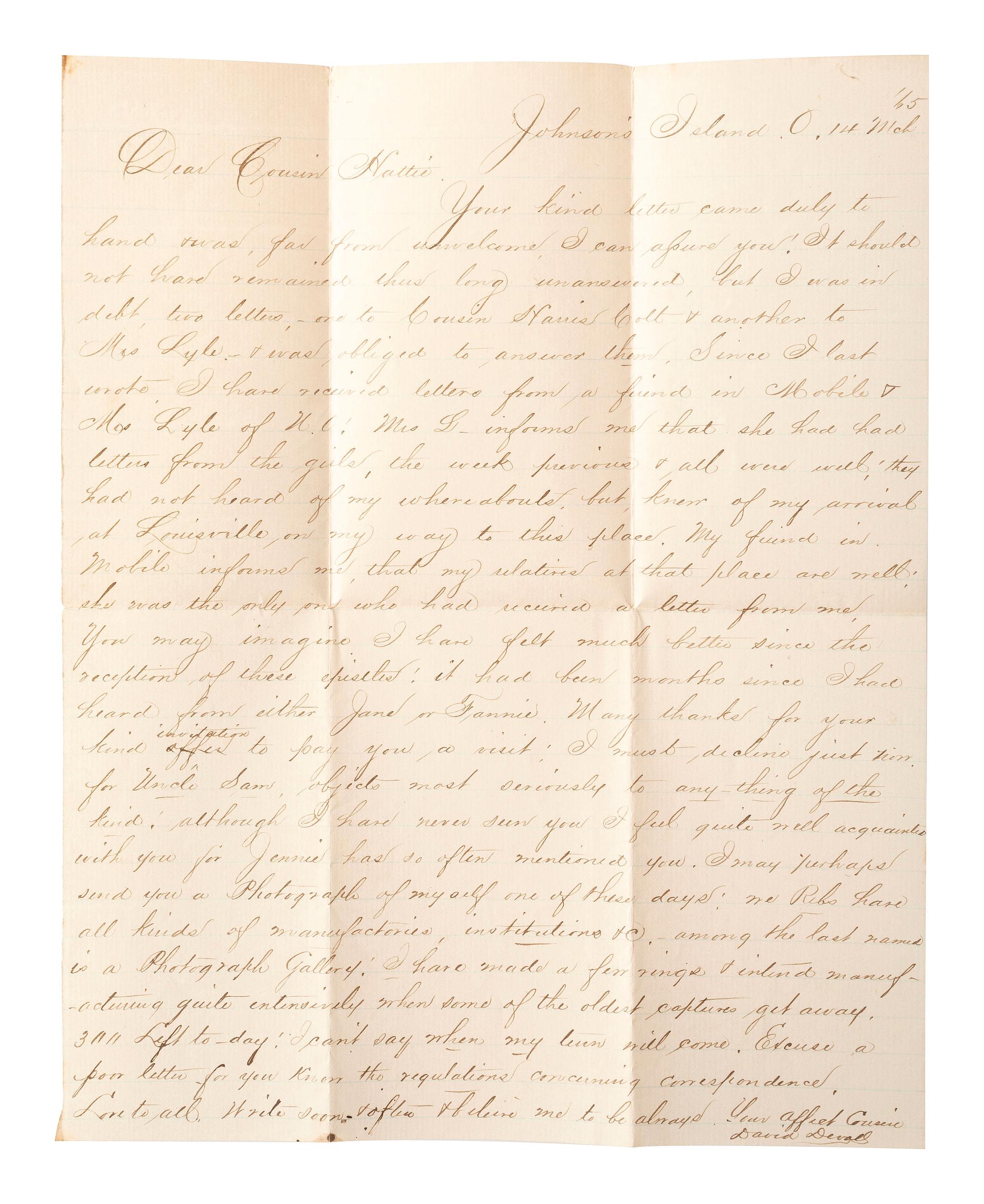 [CIVIL WAR]. DEVALL, David, Confederate captain, 4th Louisiana Infantry. ALS as Prisoner of War. Johnson's Island, 14 March 1865.