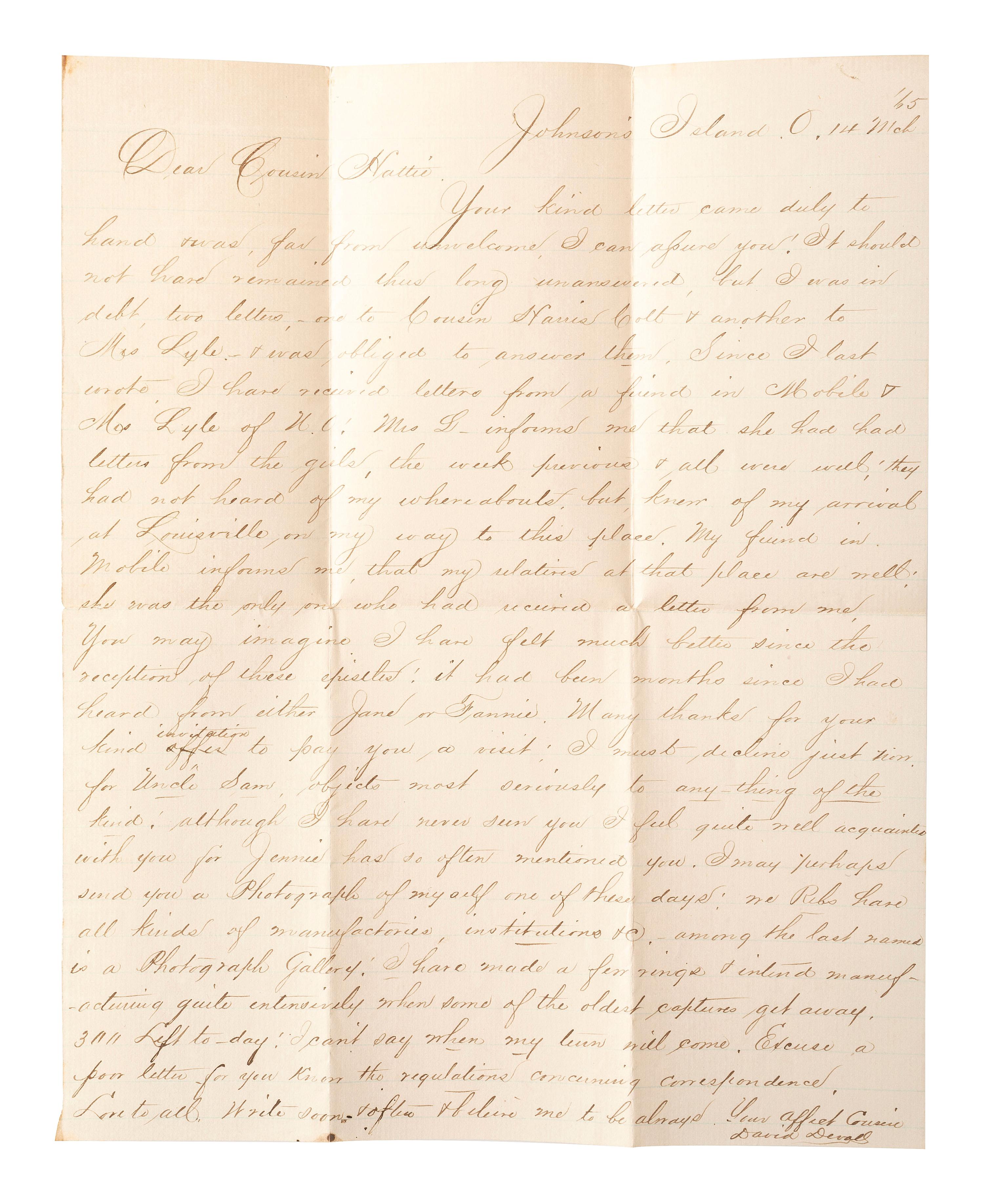 [CIVIL WAR]. DEVALL, David, Confederate captain, 4th Louisiana Infantry. ALS as Prisoner of War. Johnson's Island, 14 March 1865.