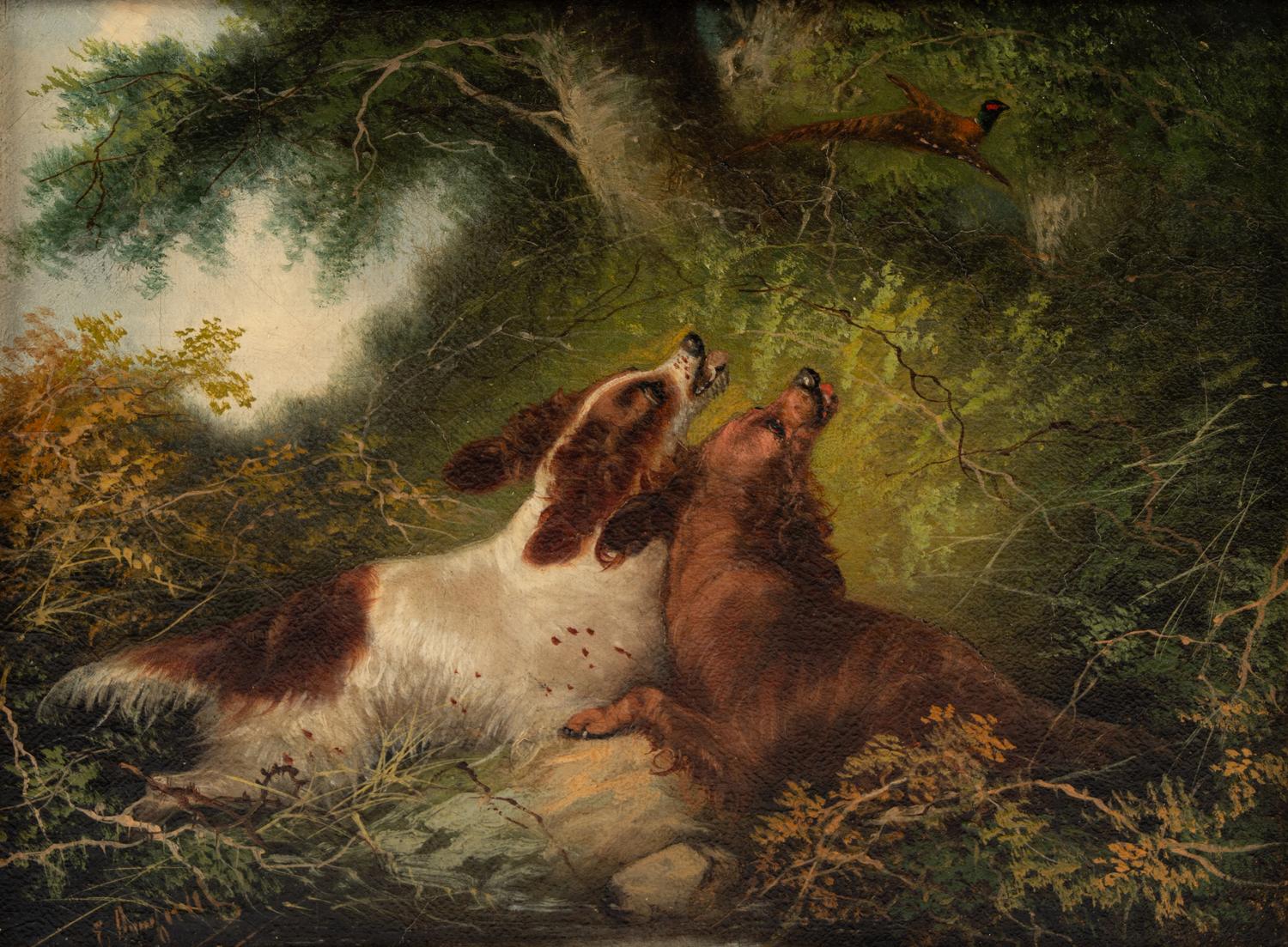 Two Hounds Chasing a Pheasant