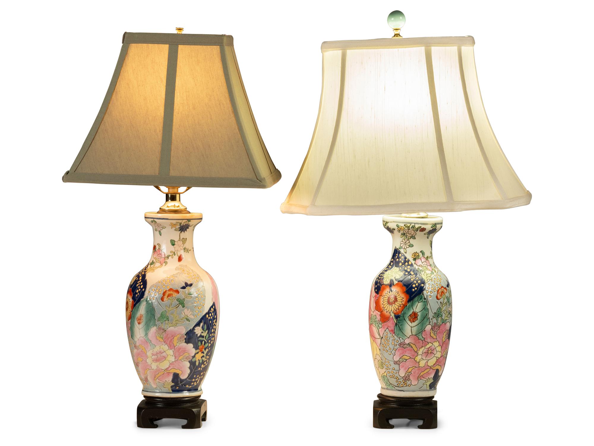 A Pair of Chinese Export Porcelain 'Tobacco Leaf' Vases Mounted as Lamps
