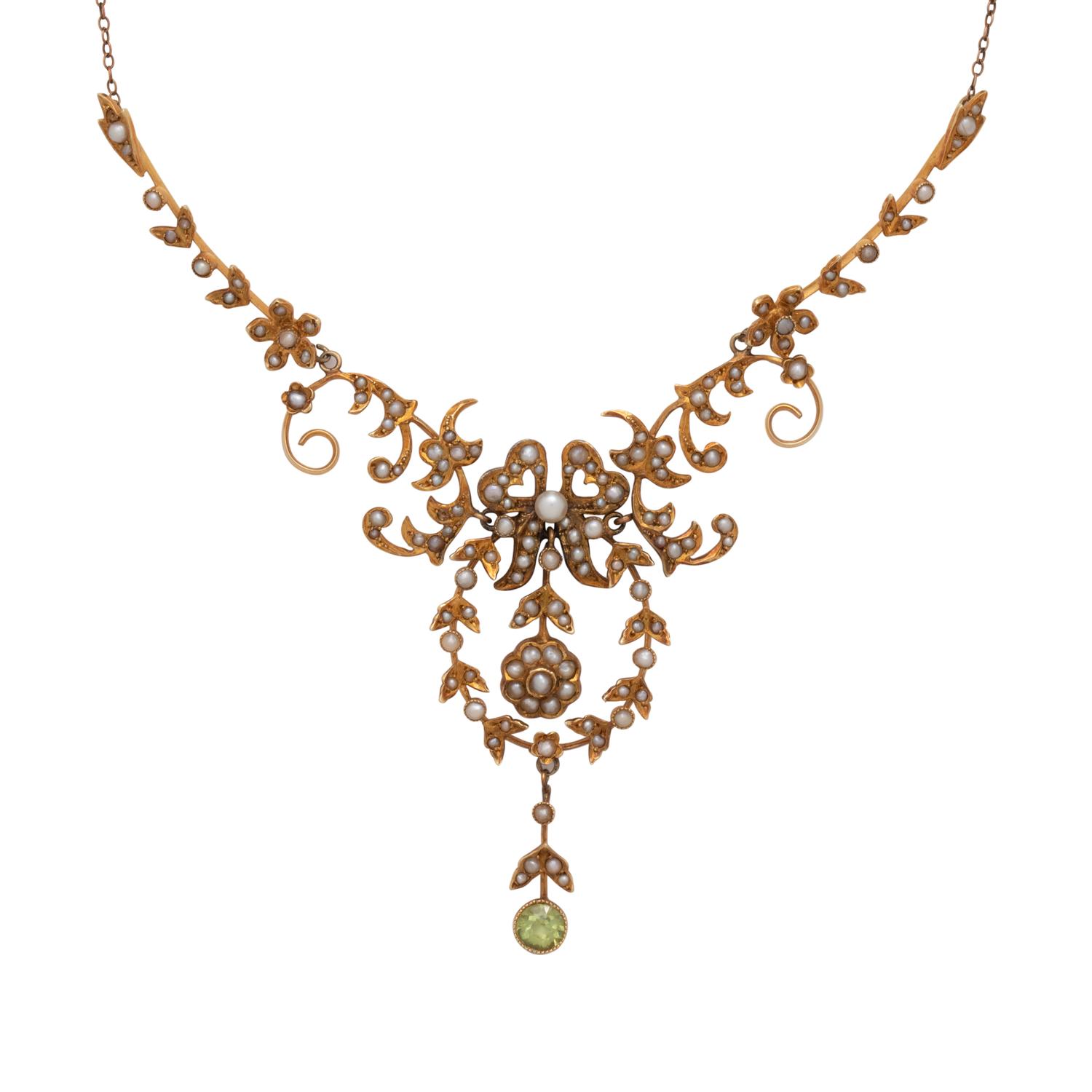 ANTIQUE, YELLOW GOLD, SEED PEARL AND PERIDOT NECKLACE
