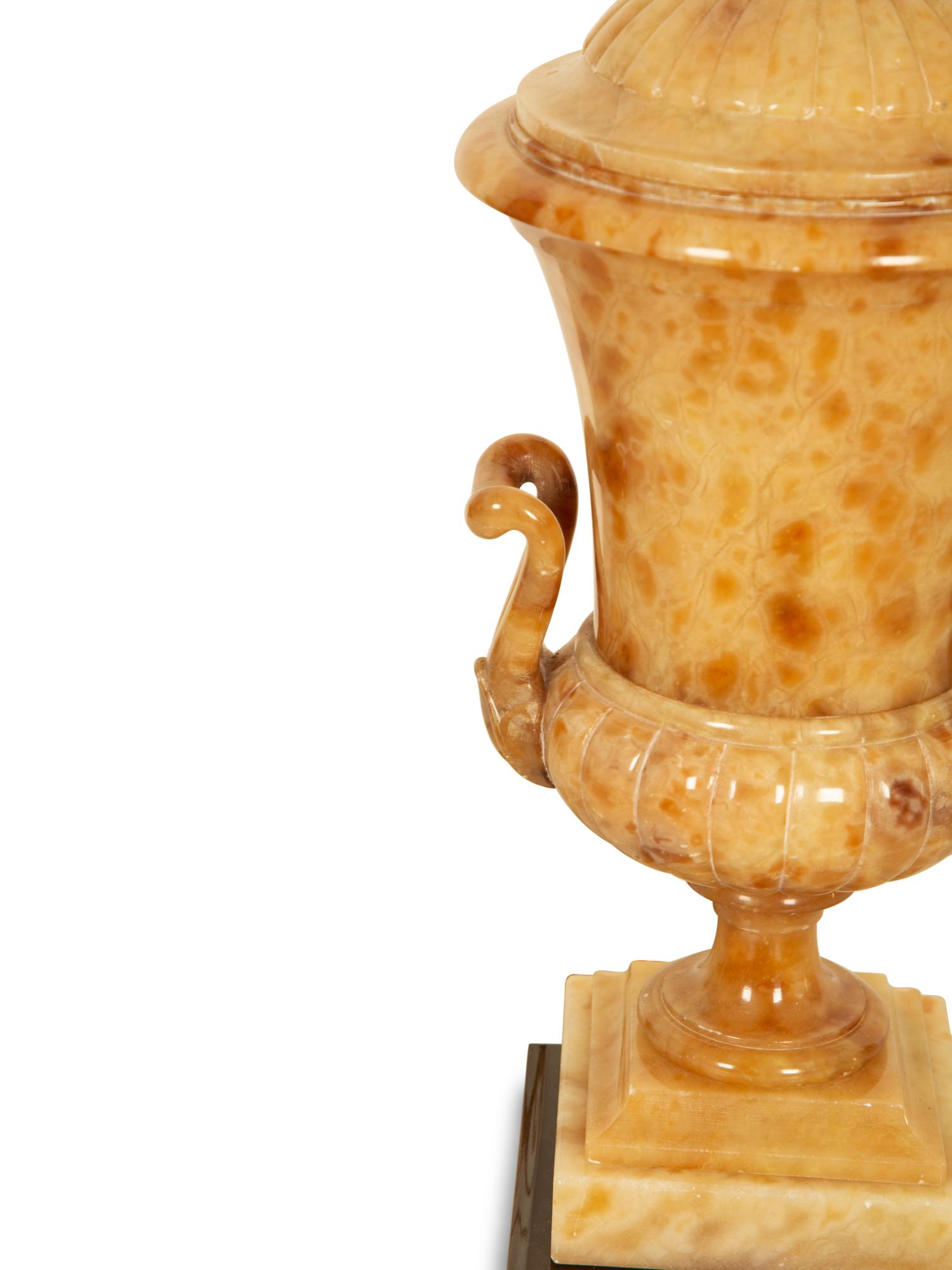 A Pair of Classical Style Alabaster Urns Mounted as Table Lamps