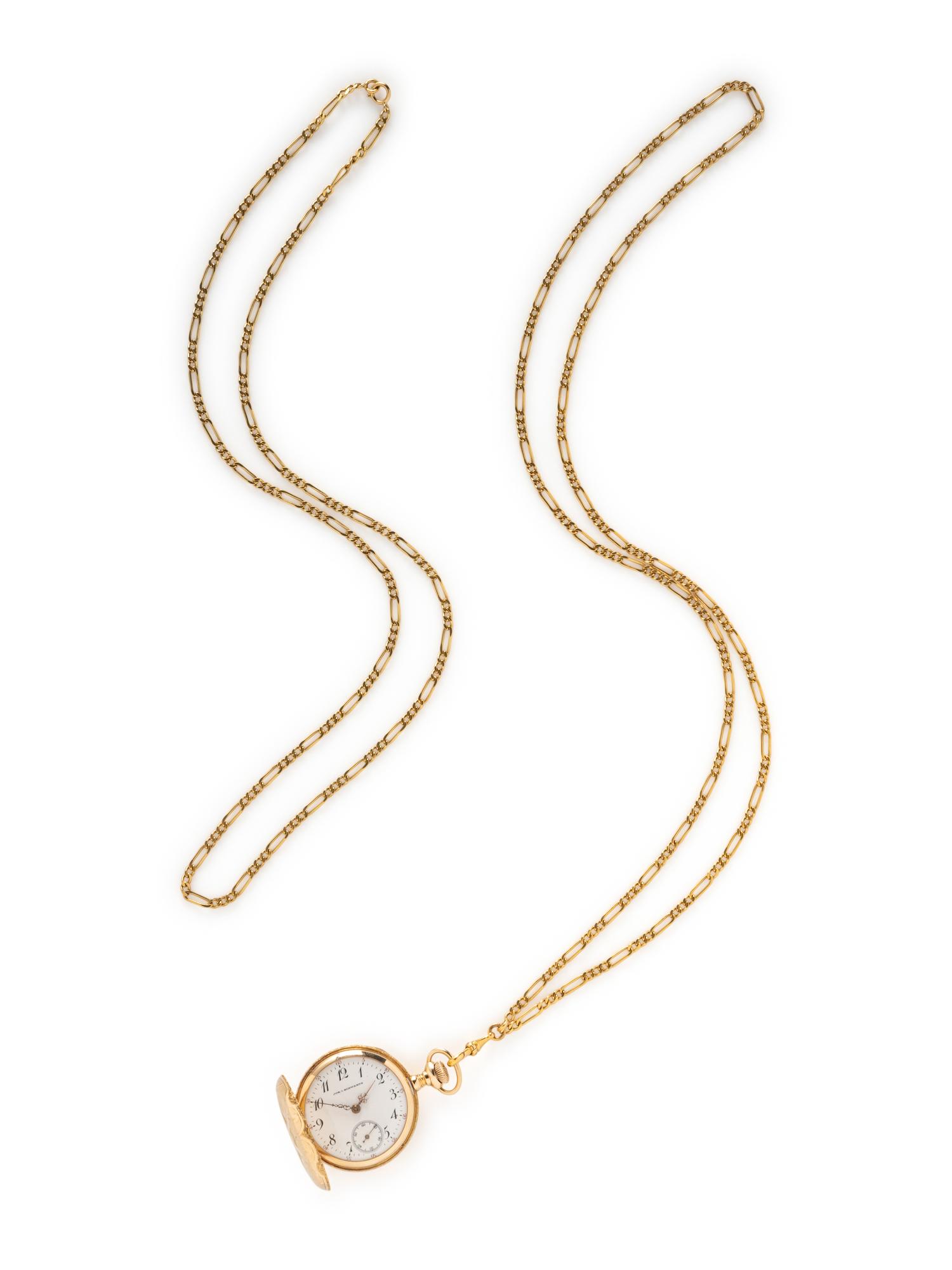 ART NOUVEAU, YELLOW GOLD POCKET WATCH AND FOB CHAIN