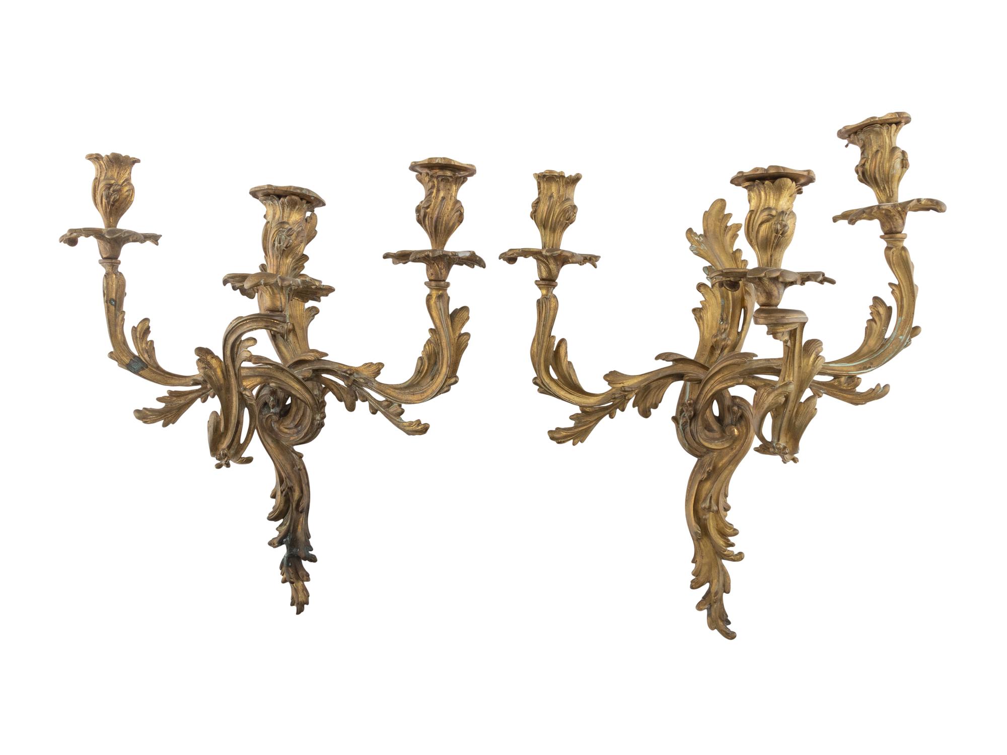 A Pair of French Gilt Bronze Three-Light Sconces