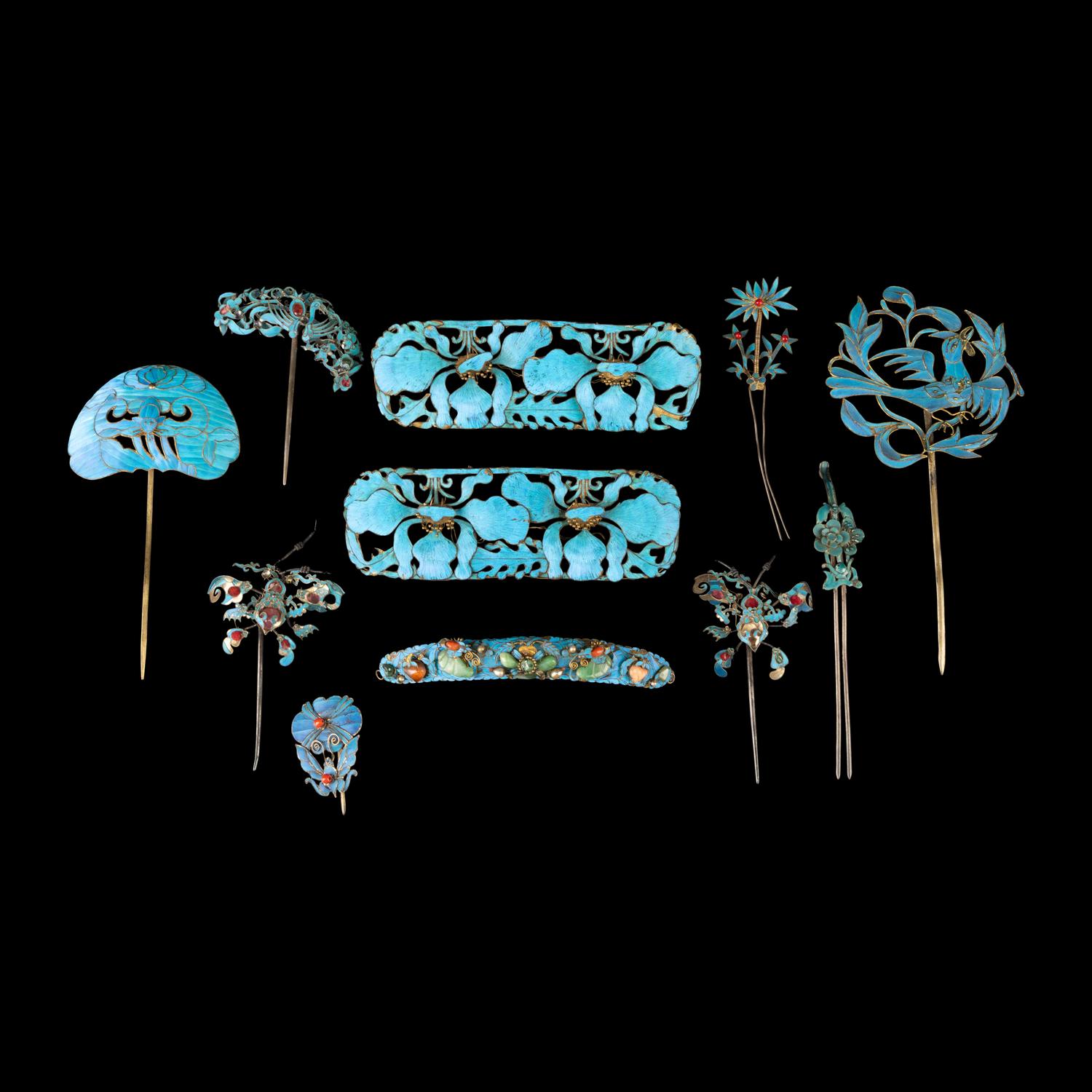 11 Chinese Kingfisher Feather Hair Ornaments, 19th Century — 清晚期 銅胎點翠髮飾十一件