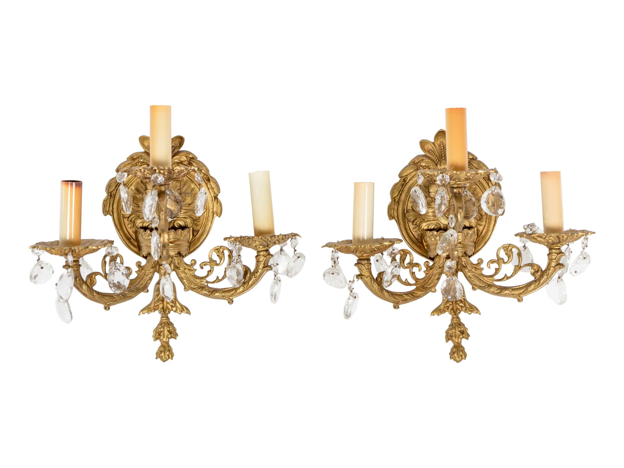 A Pair of French Gilt Bronze Three-Light Sconces