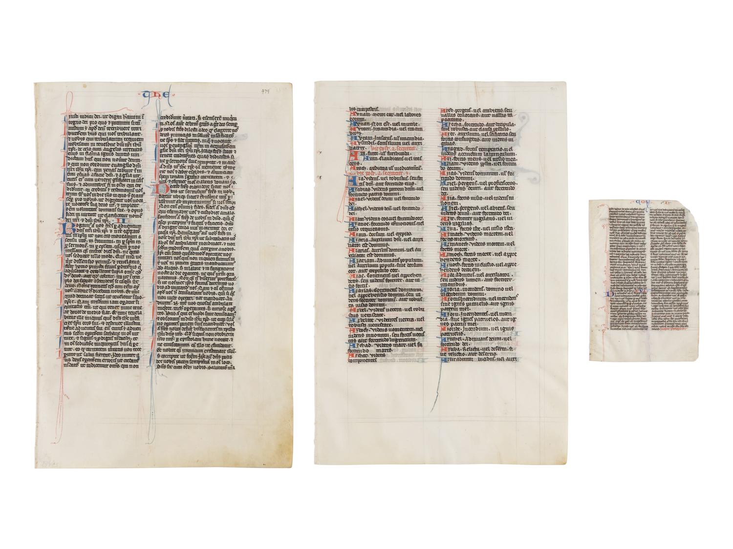 JOHANNES GRUSCH ATELIER (active Paris, c. 1235–1270) Two decorated leaves from the “Josephinum” Bible and one historiated leaf from a related Parisian pocket Bible, with an initial of Saint Paul, in Latin, illuminated manuscript on parchment [France, Paris, c. 1250]