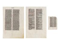 JOHANNES GRUSCH ATELIER (active Paris, c. 1235–1270) Two decorated leaves from the “Josephinum” Bible and one historiated leaf from a related Parisian pocket Bible, with an initial of Saint Paul, in Latin, illuminated manuscript on parchment [France, Paris, c. 1250]