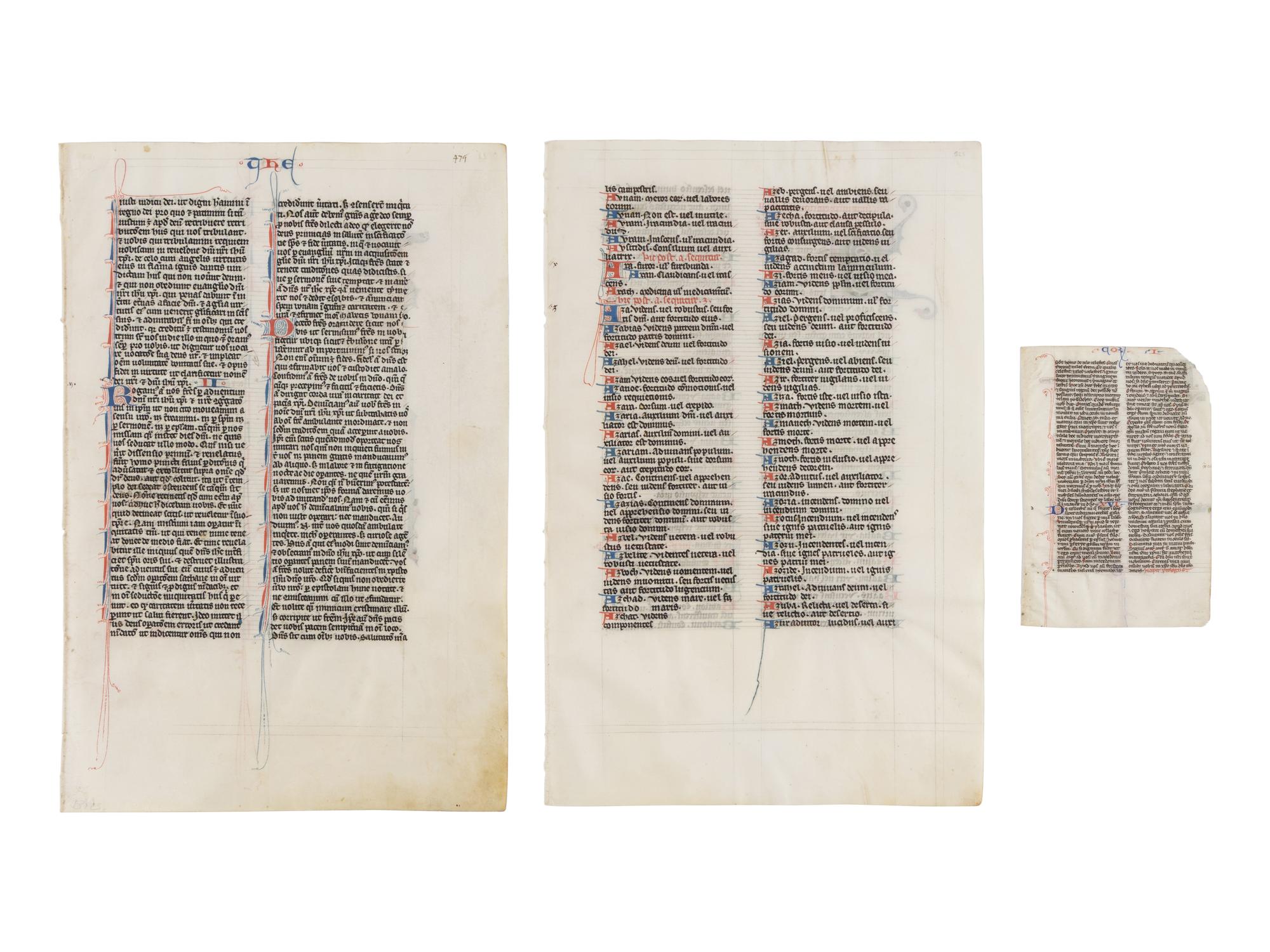 JOHANNES GRUSCH ATELIER (active Paris, c. 1235–1270) Two decorated leaves from the “Josephinum” Bible and one historiated leaf from a related Parisian pocket Bible, with an initial of Saint Paul, in Latin, illuminated manuscript on parchment [France, Paris, c. 1250]