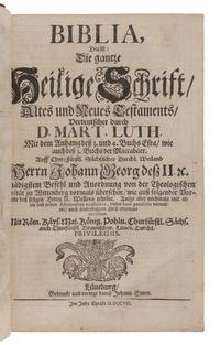 BIBLE, in German. Biblia, Das ist: Die gantze Heilige Schrift altes und neues Testaments verteutschet durch D. Mart. Luth. Lüneburg: Johann Stern, 1707.