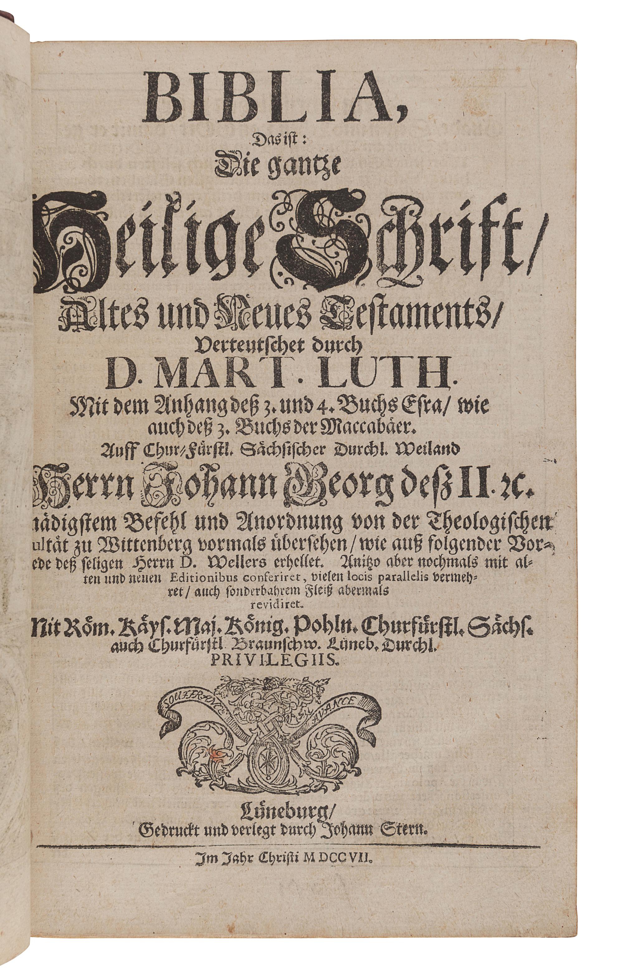 BIBLE, in German. Biblia, Das ist: Die gantze Heilige Schrift altes und neues Testaments verteutschet durch D. Mart. Luth. Lüneburg: Johann Stern, 1707.