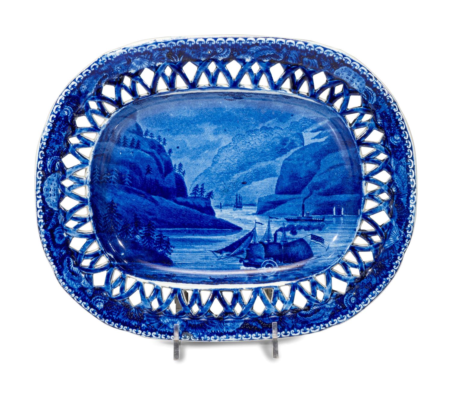 A Historic Blue Staffordshire 'West Point' Chestnut Reticulated Basket and Undertray