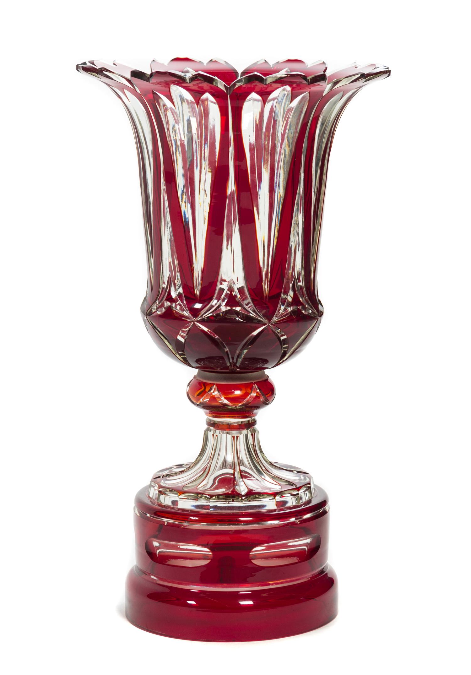 A Large Red Cut to Clear Glass Vase Height 22 1/2 inches.
