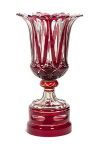 A Large Red Cut to Clear Glass Vase Height 22 1/2 inches.