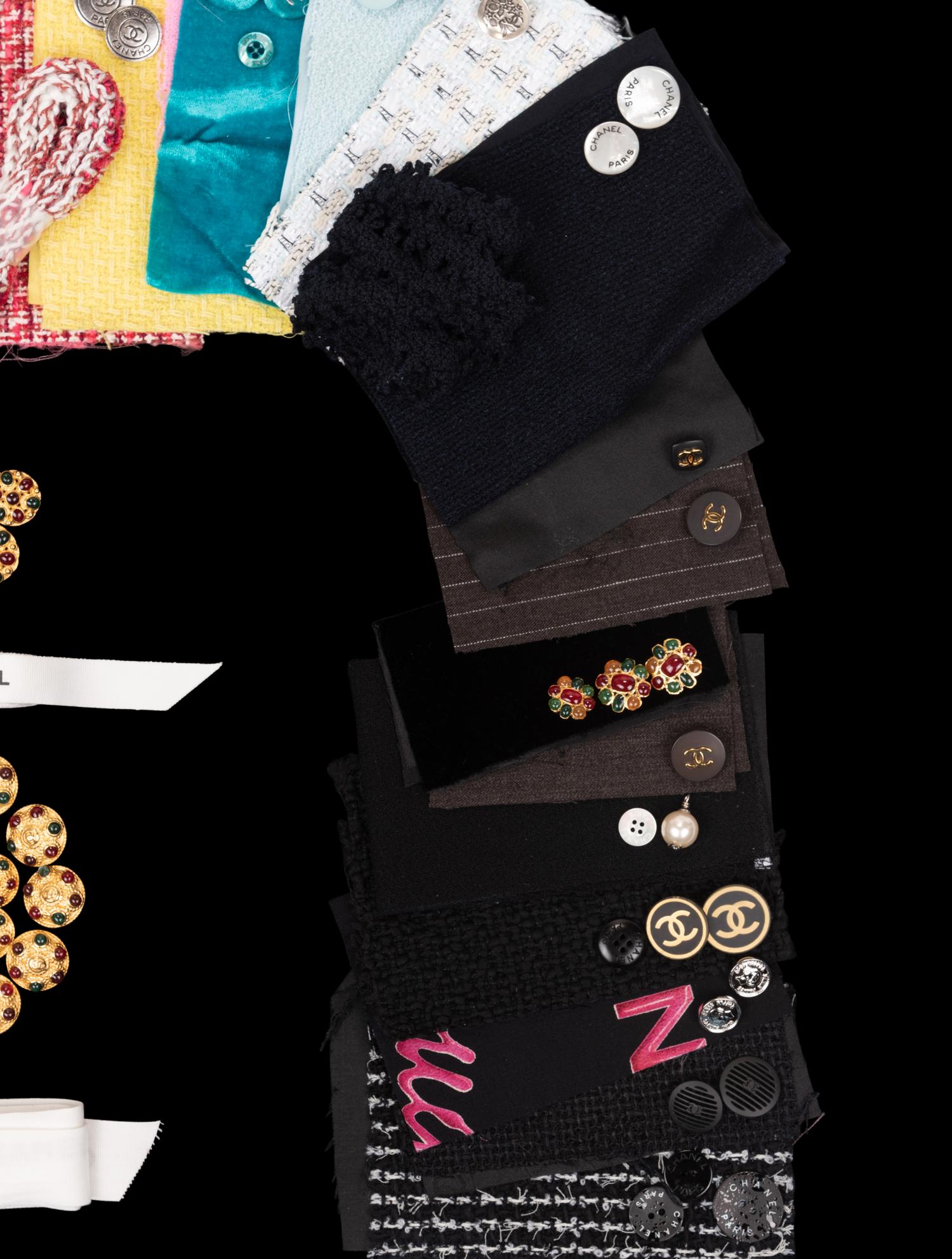 Collection of 73 Chanel Buttons, Fabric Swatches, and Ribbons, 1980-2010s