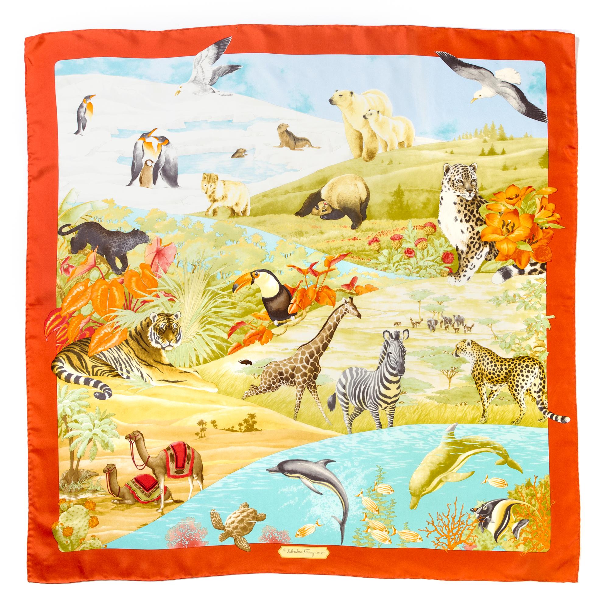 A Ferragamo 90cm Multicolored Animal Silk Print Scarf, 36" x 36".