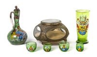 A Continental Enameled Glass Drinks Set, Height of first 7 1/4 inches.