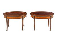 A Near Pair of Louis XV Style Gilt Bronze Mounted Marquetry Low Tables