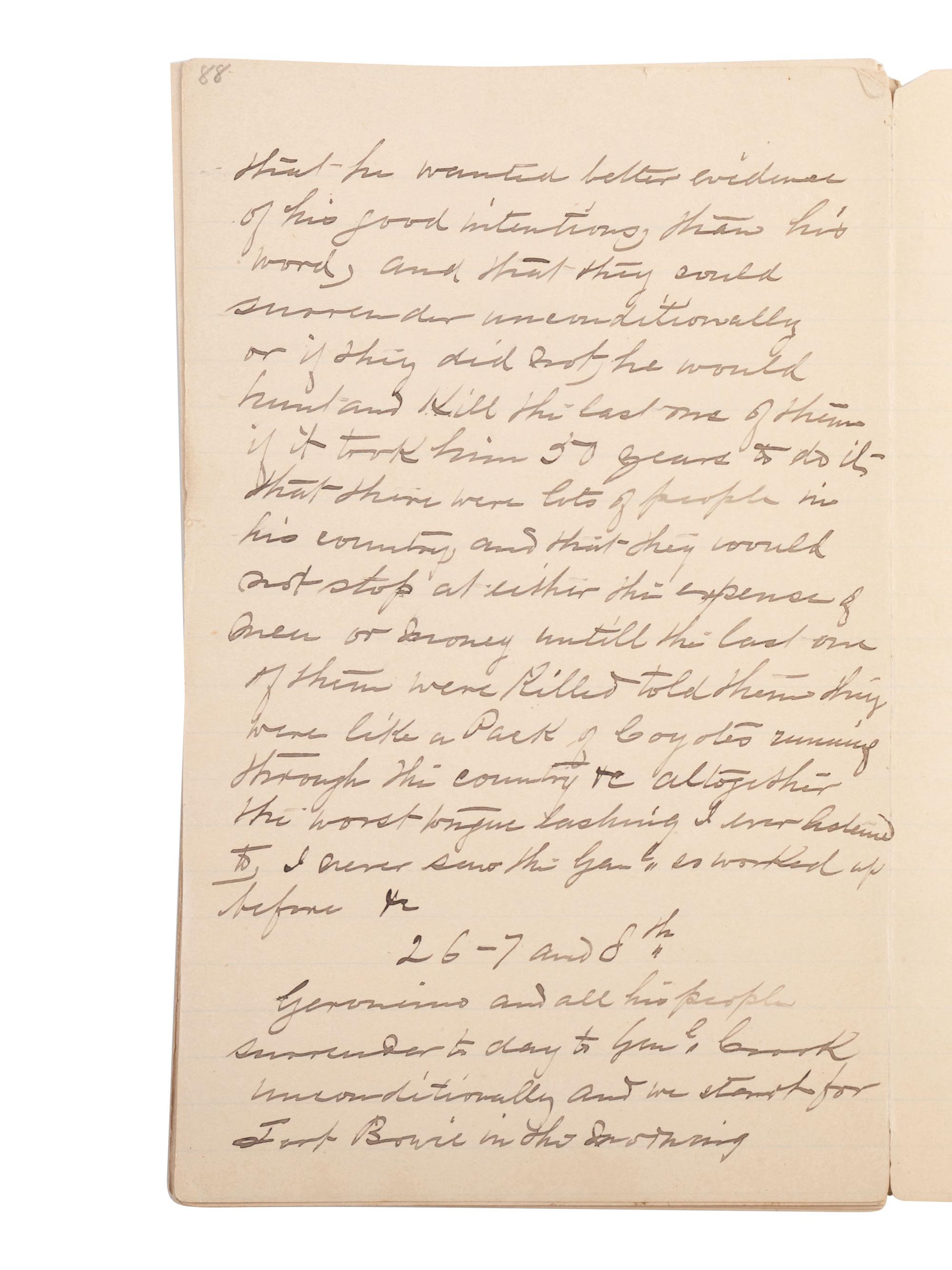 [GERONIMO] - [LATE INDIAN WARS]. DALY, Henry W. (1850-1931). Diary of Campaign against Hostile Apaches in 1885-6 with Capt. Emmet Crawford, by Henry W. Daly Pack Master. [Cheyenne, WY], 29 May 1885 to 28 March 1886.