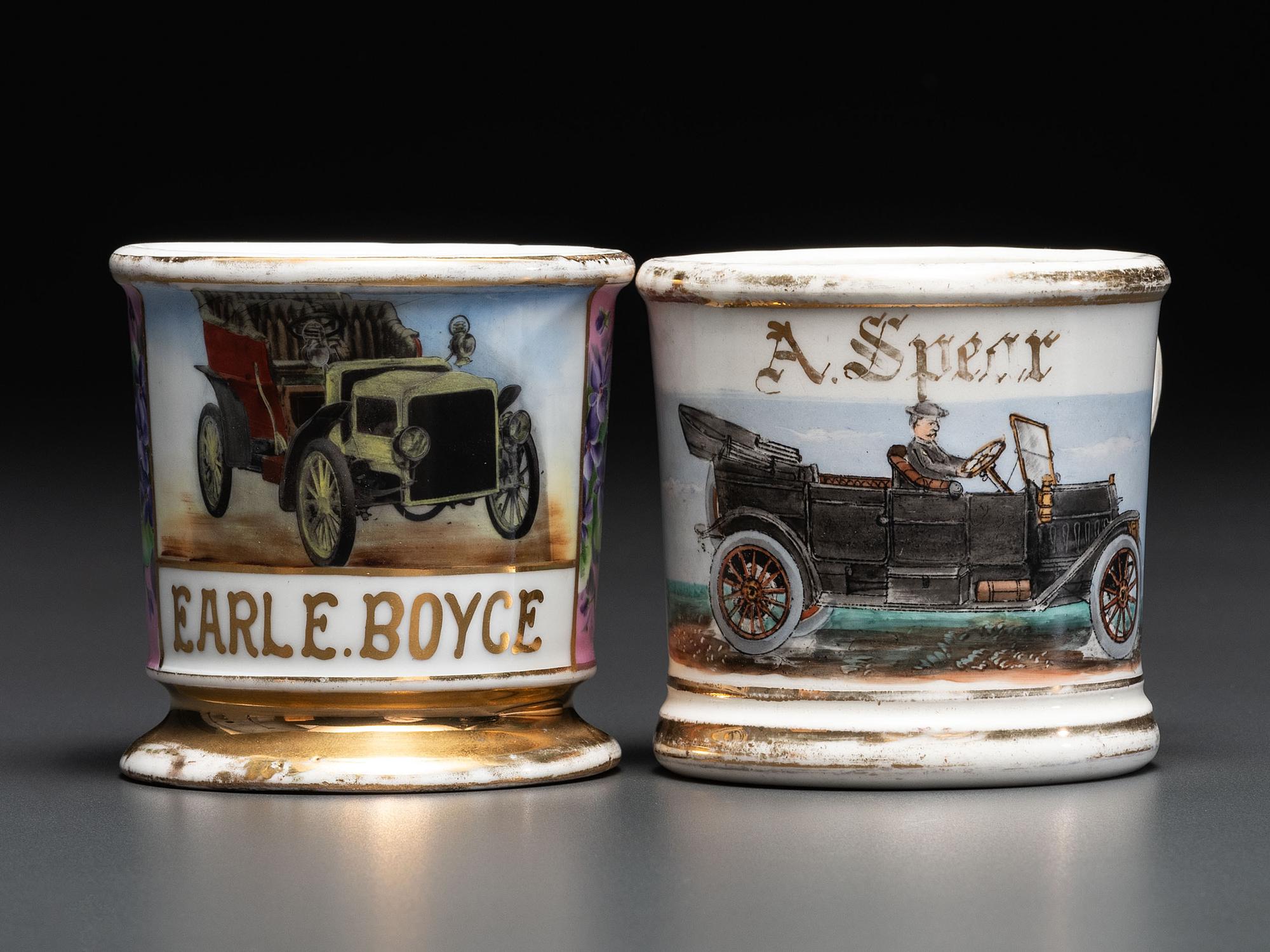 Two Open Touring Car Porcelain Occupational Shaving Mugs