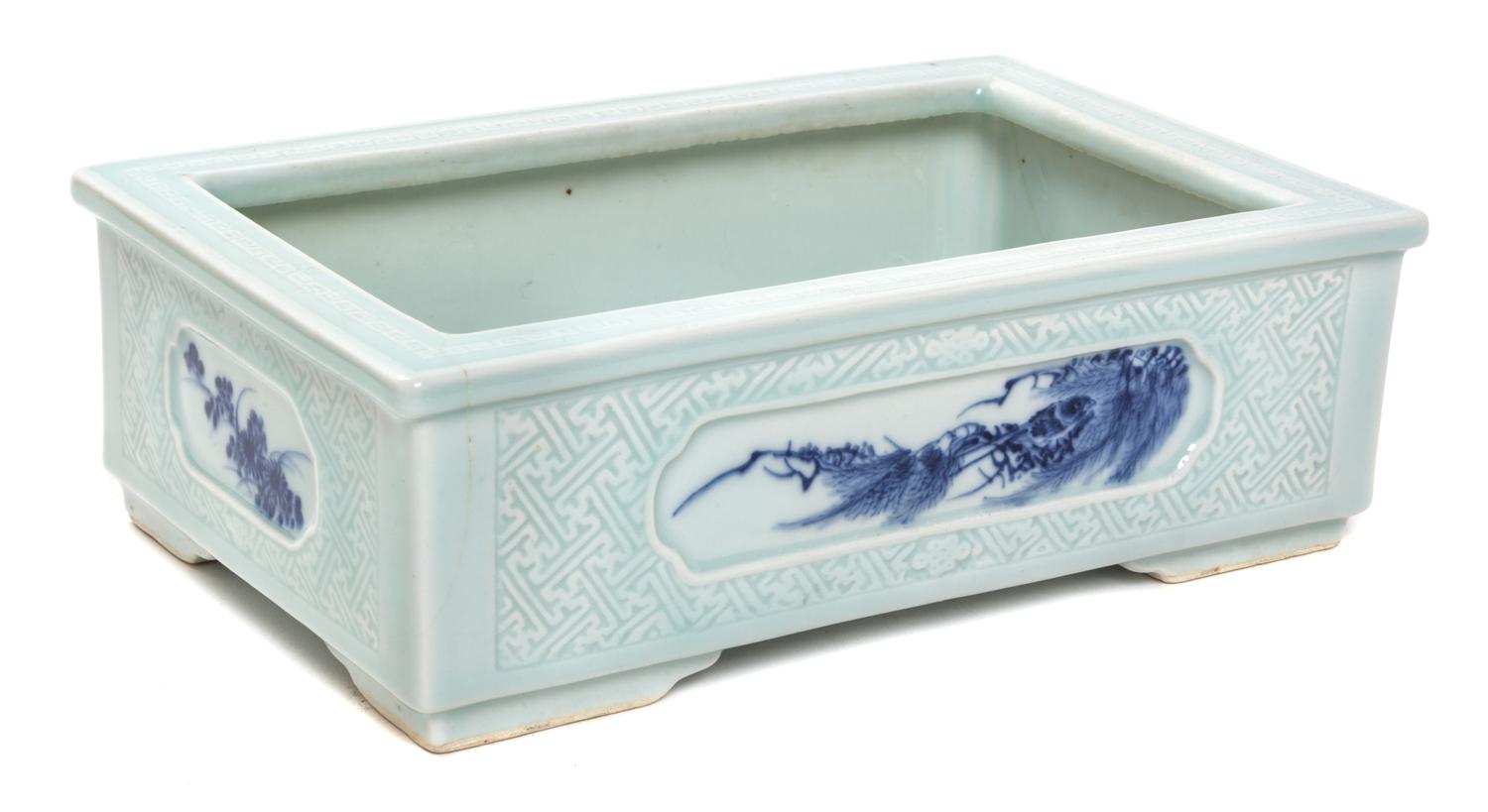 A Blue and White and Celadon Cachepot Length 9 1/2 inches.