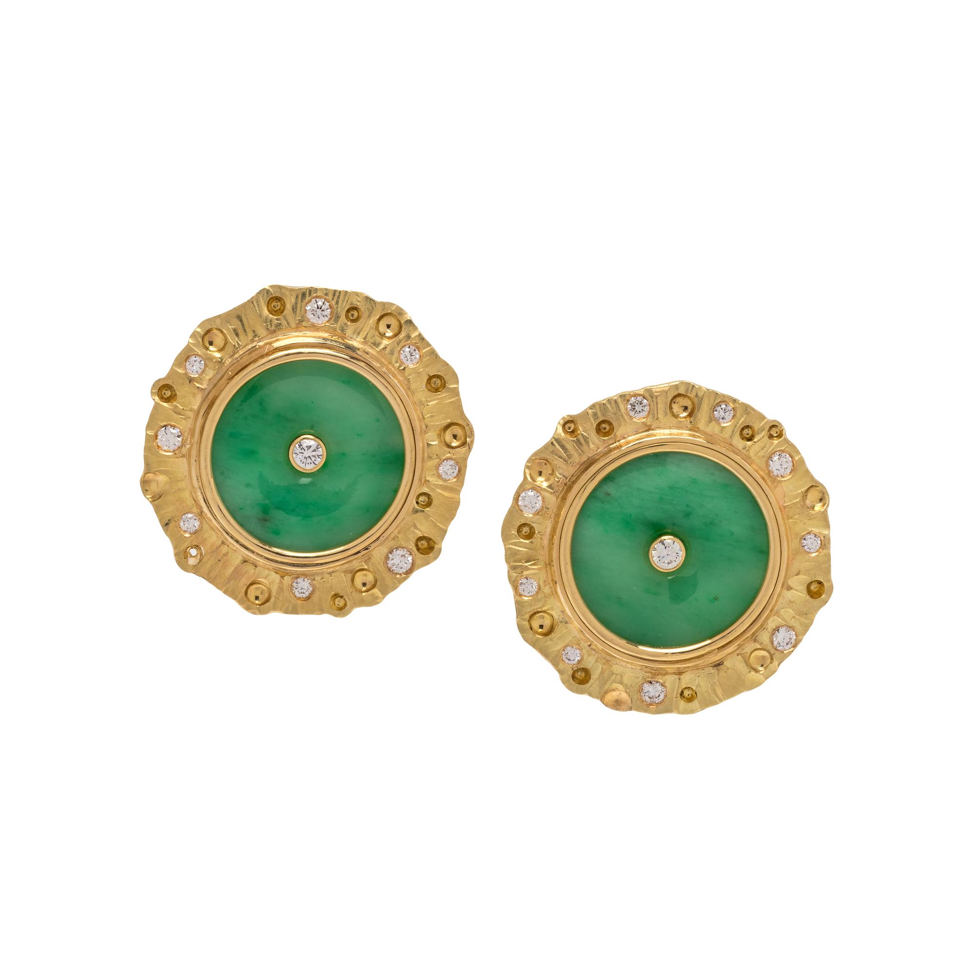 RICHARD KIMBALL, YELLOW GOLD, JADE AND DIAMOND EARCLIPS